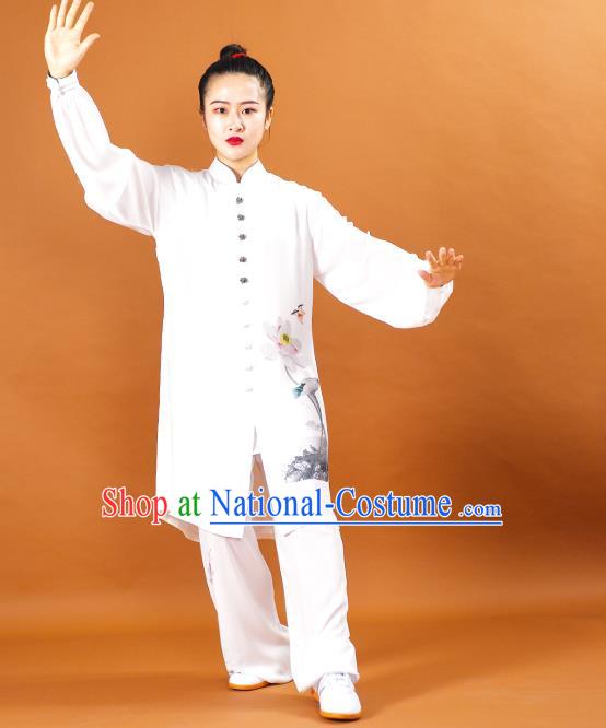 China Kung Fu Performance White Outfits Martial Arts Tai Ji Competition Suits Tai Chi Training Painting Lotus Clothing