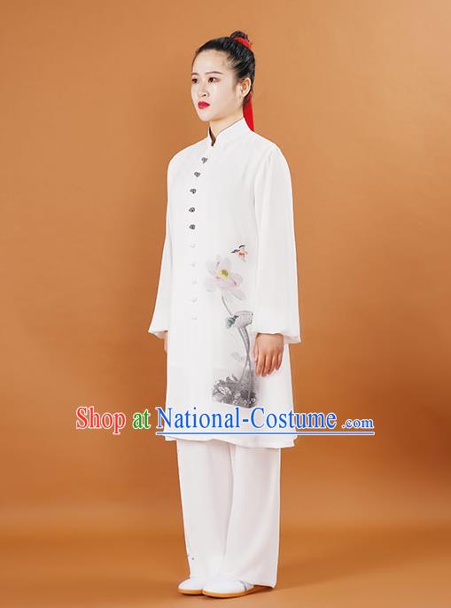 China Kung Fu Performance White Outfits Martial Arts Tai Ji Competition Suits Tai Chi Training Painting Lotus Clothing