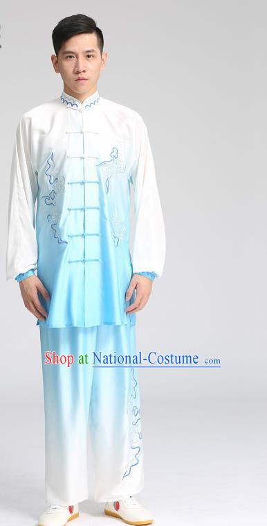 China Tai Chi Competition Embroidered Gradient Blue Uniforms Martial Arts Garment Costumes Kung Fu Performance Suits