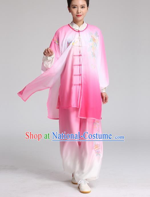 China Tai Chi Training Embroidered Clothing Kung Fu Performance Rosy Outfits Martial Arts Tai Ji Competition Suits