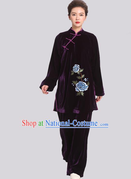 Chinese Tai Chi Competition Black Velvet Suits Martial Arts Embroidered Peony Outfits Kung Fu Tai Ji Training Clothing