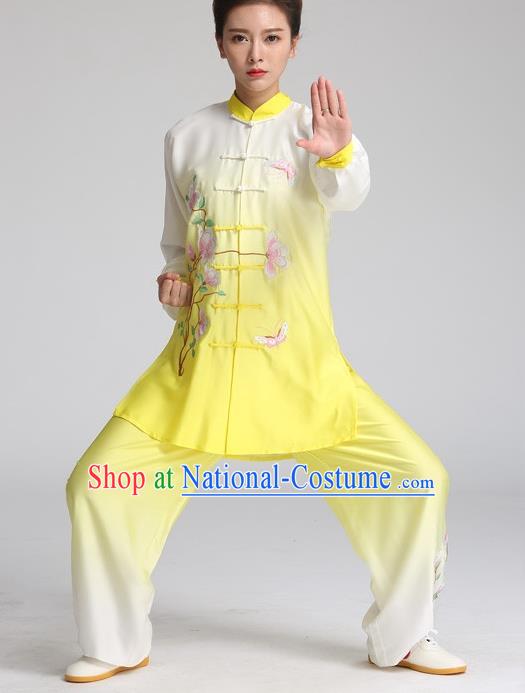 China Martial Arts Tai Ji Performance Yellow Suits Tai Chi Training Embroidered Mangnolia Butterfly Clothing Kung Fu Competition Outfits