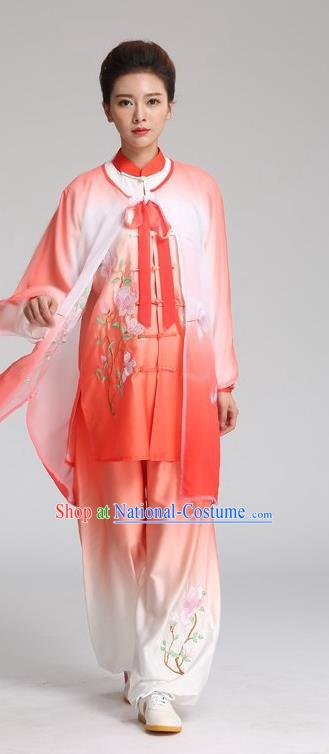 China Kung Fu Competition Outfits Martial Arts Tai Ji Performance Red Suits Tai Chi Training Embroidered Mangnolia Butterfly Clothing