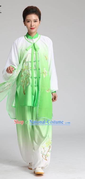 China Tai Chi Training Embroidered Mangnolia Butterfly Clothing Kung Fu Competition Outfits Martial Arts Tai Ji Performance Green Suits