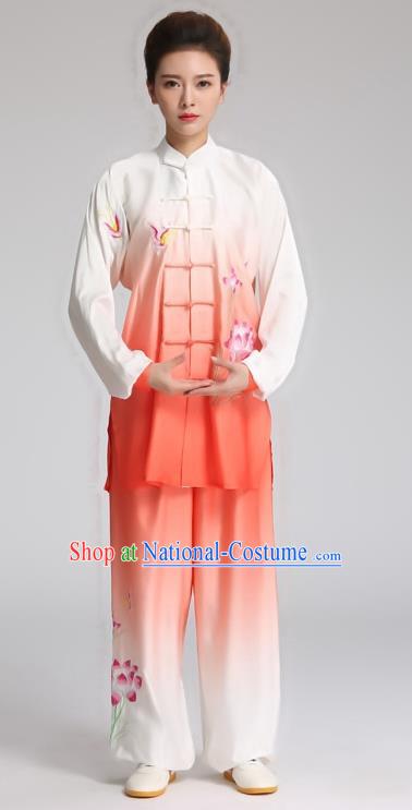 China Tai Chi Training Clothing Kung Fu Competition Outfits Martial Arts Tai Ji Embroidered Lotus Orange Suits