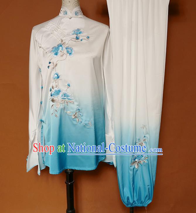 China Tai Ji Sword Performance Suits Martial Arts Kung Fu Embroidered Flowers Clothing Tai Chi Group Competition Blue Outfits