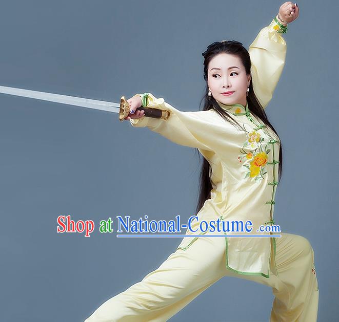 China Tai Chi Competition Yellow Outfits Tai Ji Sword Performance Suits Martial Arts Kung Fu Embroidered Peony Clothing