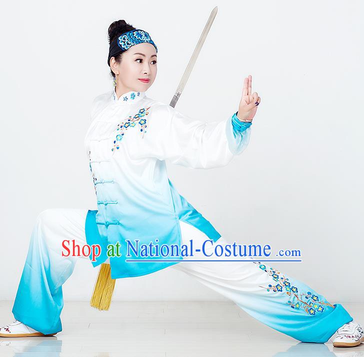 China Martial Arts Kung Fu Embroidered Plum Clothing Tai Chi Competition Blue Outfits Tai Ji Sword Performance Suits