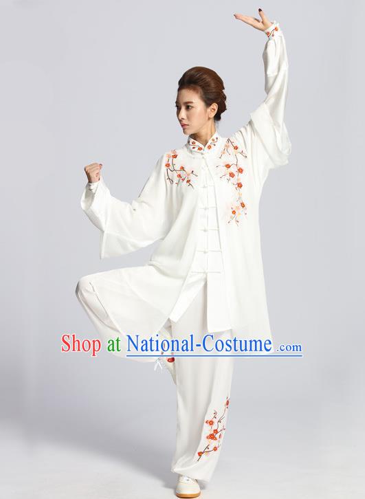 China Tai Ji Sword Performance Suits Martial Arts Kung Fu Embroidered Plum Clothing Tai Chi Competition White Outfits