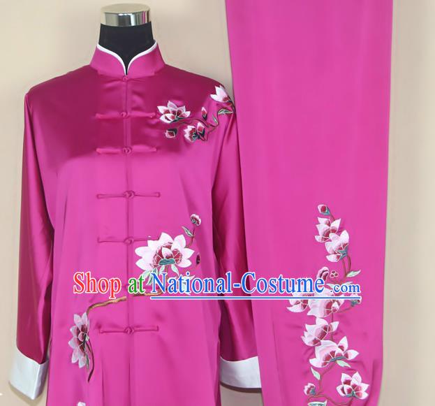 China Tai Chi Competition Purple Outfits Tai Ji Sword Performance Suits Martial Arts Kung Fu Embroidered Mangnolia Clothing