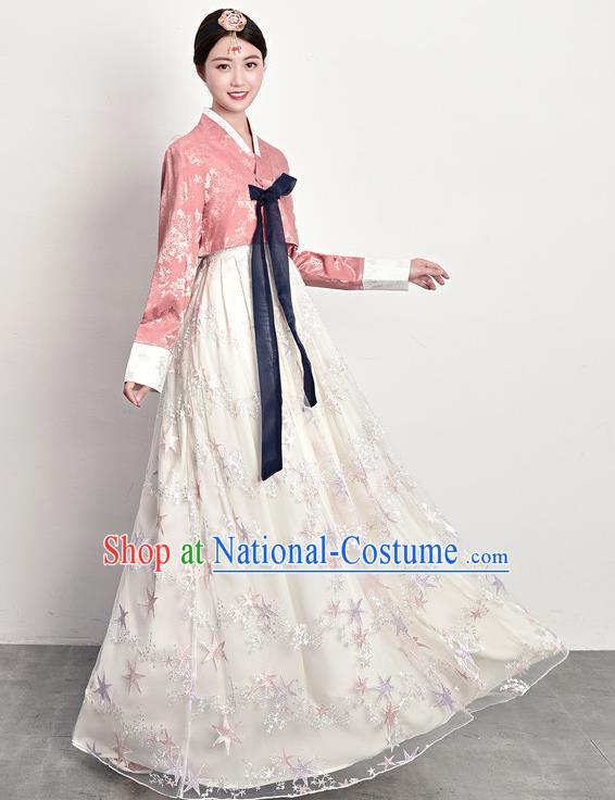 Traditional Asian Palace Princess Pink Blouse and Dress Outfits Korean Court Dress Ancient Korea Female Garment Costumes