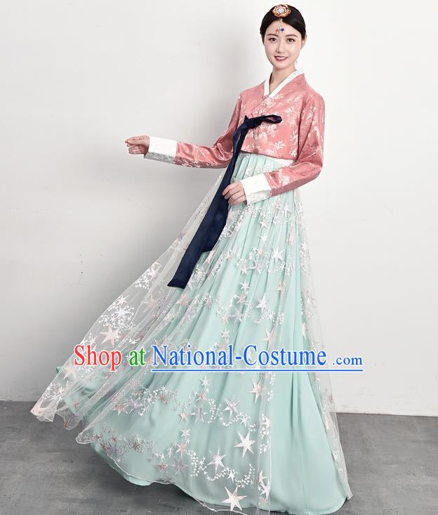 Traditional Asian Court Dress Korea Ancient Female Garment Costumes Korean Palace Princess Pink Blouse and Blue Dress Outfits