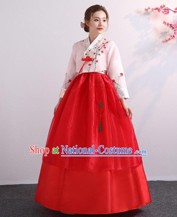 Korean Palace Princess Embroidered Pink Blouse and Red Dress Traditional Wedding Outfits Asian Bride Dress Korea Ancient Court Garment Costumes