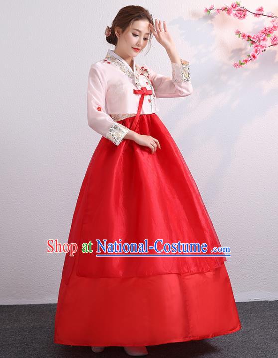 Korean Palace Princess Embroidered Pink Blouse and Red Dress Traditional Wedding Outfits Asian Bride Dress Korea Ancient Court Garment Costumes