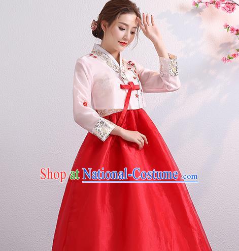 Korean Palace Princess Embroidered Pink Blouse and Red Dress Traditional Wedding Outfits Asian Bride Dress Korea Ancient Court Garment Costumes