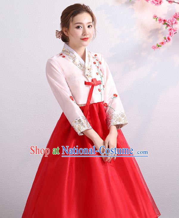 Korean Palace Princess Embroidered Pink Blouse and Red Dress Traditional Wedding Outfits Asian Bride Dress Korea Ancient Court Garment Costumes