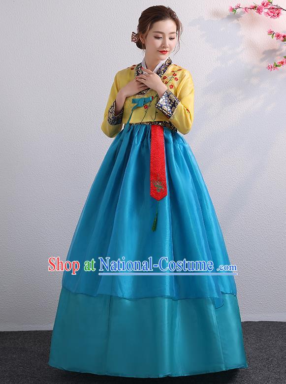 Asian Korea Bride Dress Ancient Court Garment Costumes Korean Palace Princess Embroidered Yellow Blouse and Blue Dress Traditional Wedding Outfits