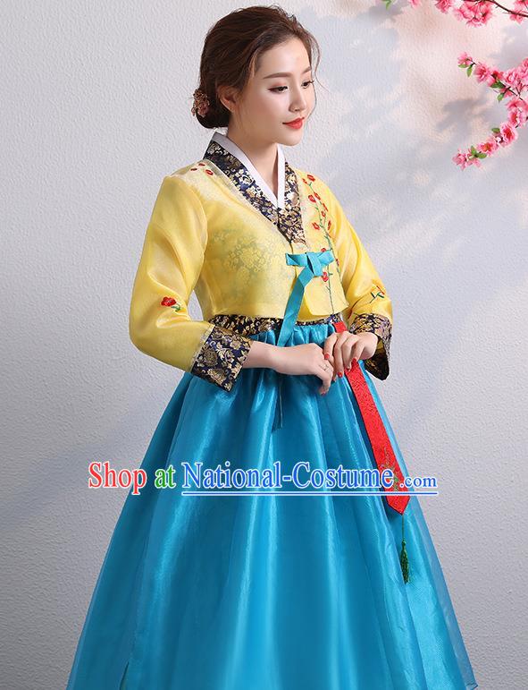 Asian Korea Bride Dress Ancient Court Garment Costumes Korean Palace Princess Embroidered Yellow Blouse and Blue Dress Traditional Wedding Outfits