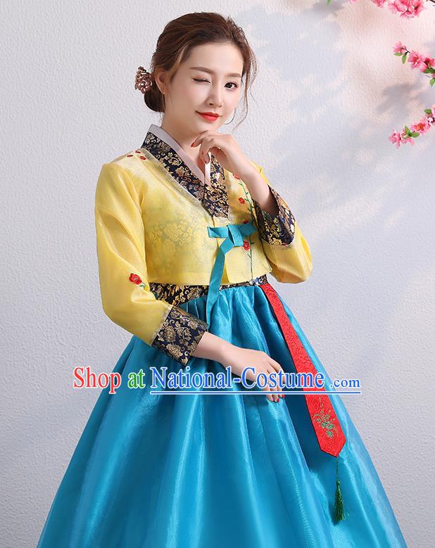 Asian Korea Bride Dress Ancient Court Garment Costumes Korean Palace Princess Embroidered Yellow Blouse and Blue Dress Traditional Wedding Outfits