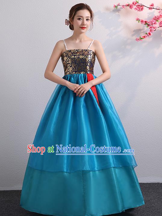 Asian Korea Bride Dress Ancient Court Garment Costumes Korean Palace Princess Embroidered Yellow Blouse and Blue Dress Traditional Wedding Outfits