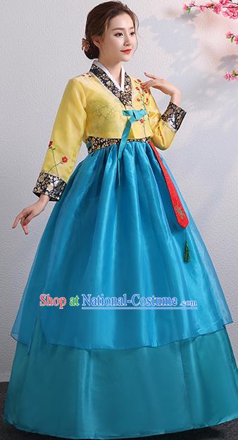 Asian Korea Bride Dress Ancient Court Garment Costumes Korean Palace Princess Embroidered Yellow Blouse and Blue Dress Traditional Wedding Outfits