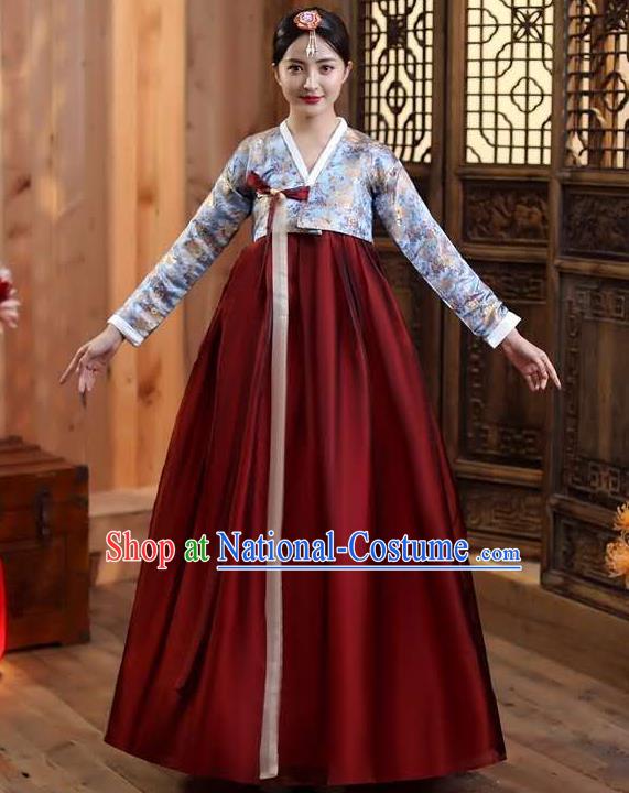 Korean Court Blue Blouse and Wine Red Dress Asian Korea Dance Outfits Traditional Wedding Dress Ancient Bride Garment Costumes