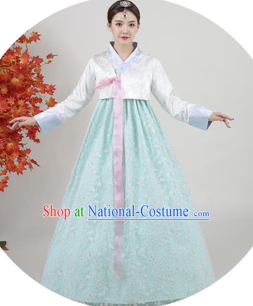 Asian Korea Ancient Bride Garment Costumes Korean Court Hanbok White Blouse and Green Dress Classical Dance Outfits Traditional Wedding Dress