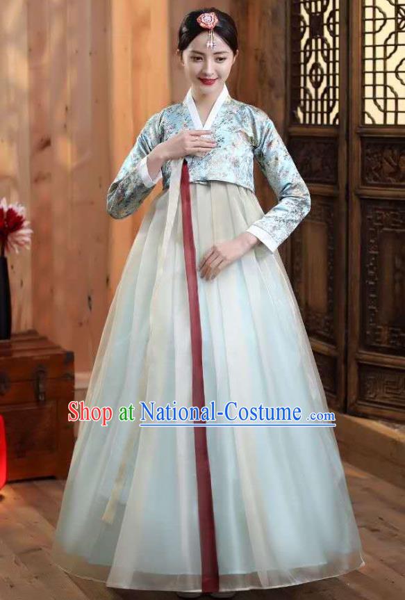 Korean Ancient Bride Garment Costumes Court Blue Blouse and Dress Asian Korea Dance Outfits Traditional Wedding Dress