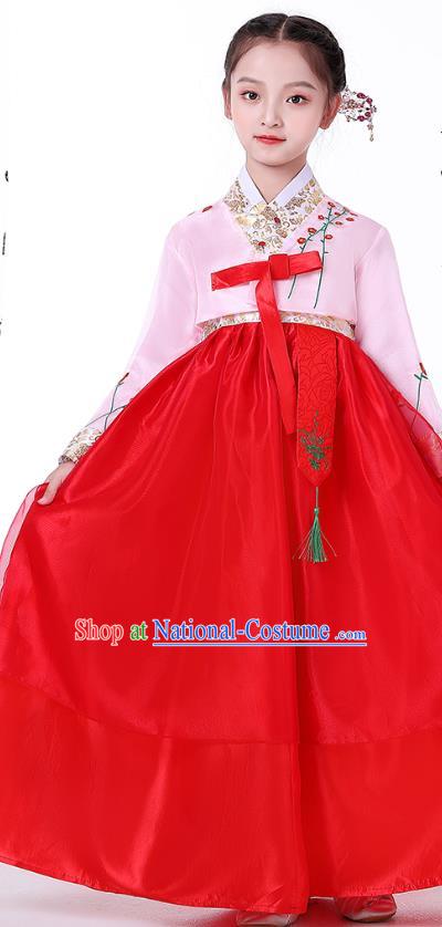 Korean Children Performance Garment Costumes Asian Traditional Hanbok Clothing Korea Girl Birthday Embroidered Pink Blouse and Red Dress