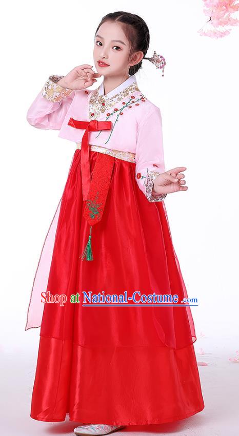 Korean Children Performance Garment Costumes Asian Traditional Hanbok Clothing Korea Girl Birthday Embroidered Pink Blouse and Red Dress