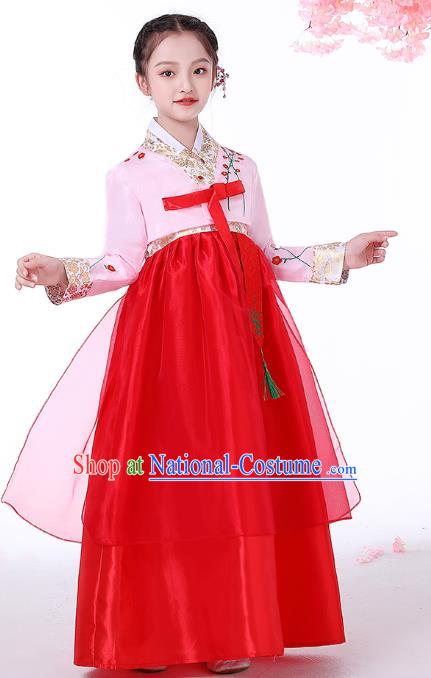 Korean Children Performance Garment Costumes Asian Traditional Hanbok Clothing Korea Girl Birthday Embroidered Pink Blouse and Red Dress