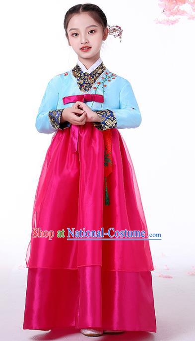 Korea Girl Birthday Embroidered Blue Blouse and Rosy Dress Korean Children Performance Garment Costumes Asian Traditional Hanbok Clothing