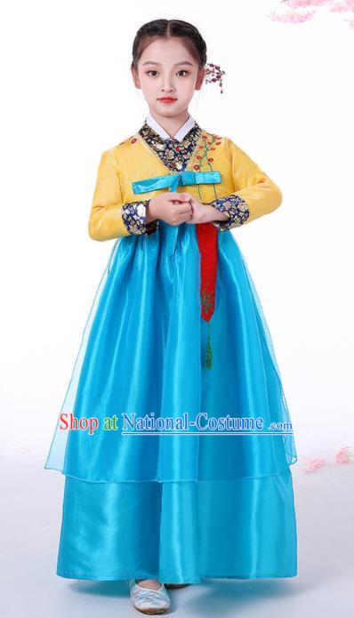 Asian Traditional Hanbok Clothing Korea Girl Birthday Embroidered Yellow Blouse and Blue Dress Korean Children Performance Garment Costumes