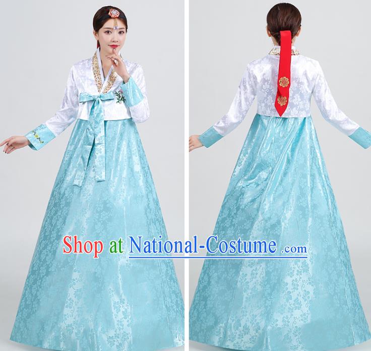 Asian Korea Traditional Wedding Hanbok Uniforms Dance Clothing Korean Ancient Court Garment Costumes Embroidered White Blouse and Blue Dress