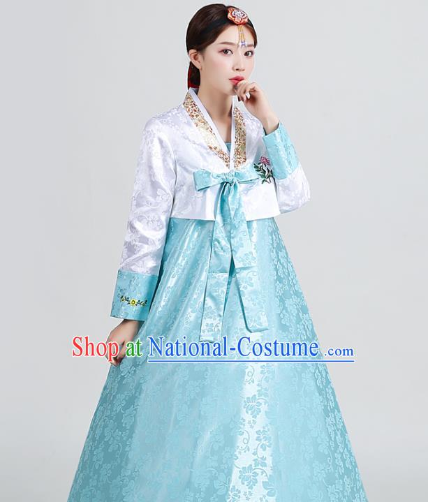 Asian Korea Traditional Wedding Hanbok Uniforms Dance Clothing Korean Ancient Court Garment Costumes Embroidered White Blouse and Blue Dress