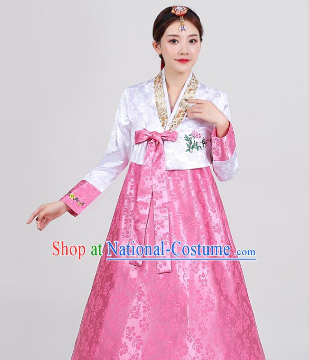 Korean Dance Clothing Ancient Court Garment Costumes Asian Korea Embroidered White Blouse and Rosy Dress Traditional Wedding Hanbok Uniforms