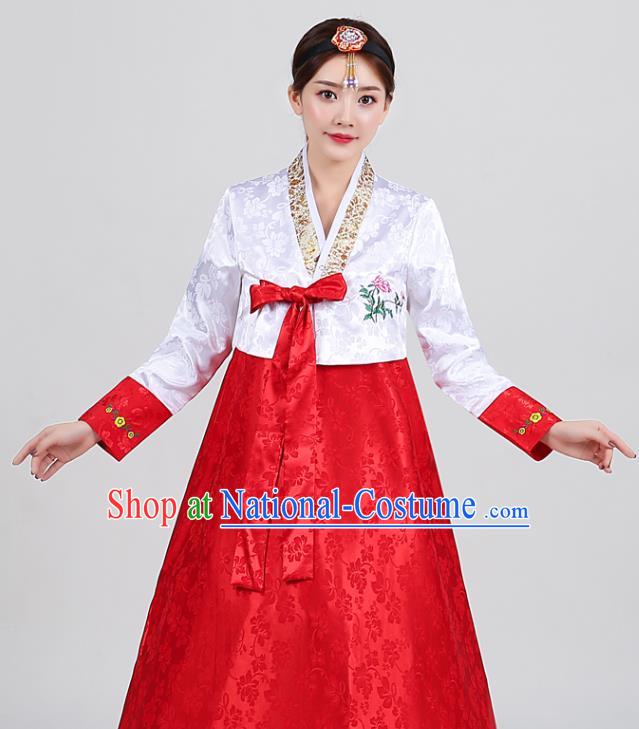 Korean Traditional Wedding Hanbok Uniforms Dance Clothing Ancient Court Garment Costumes Asian Korea Embroidered White Blouse and Red Dress