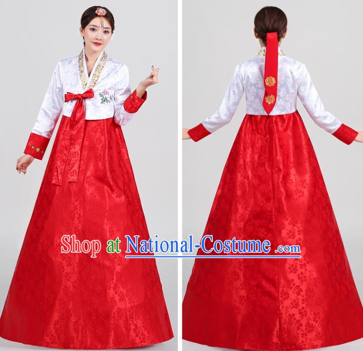 Korean Traditional Wedding Hanbok Uniforms Dance Clothing Ancient Court Garment Costumes Asian Korea Embroidered White Blouse and Red Dress