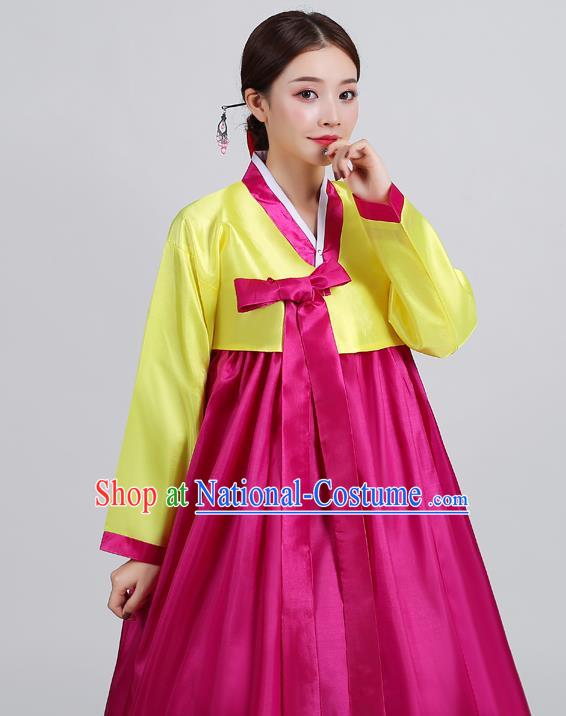 Asian Korea Yellow Blouse and Purple Dress Korean Traditional Hanbok Uniforms Ancient Court Dance Clothing