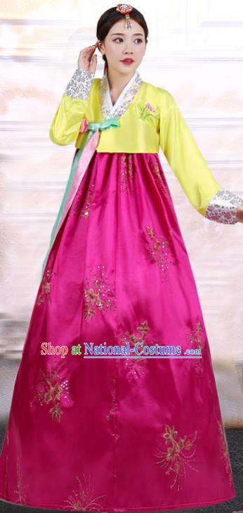 Asian Korea Ancient Court Dance Clothing Embroidered Yellow Blouse and Rosy Dress Korean Traditional Hanbok Uniforms