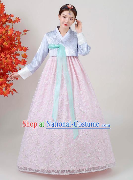 Korean Traditional Wedding Dress Ancient Bride Garment Costumes Court Blue Blouse and Pink Dress Asian Korea Classical Dance Outfits