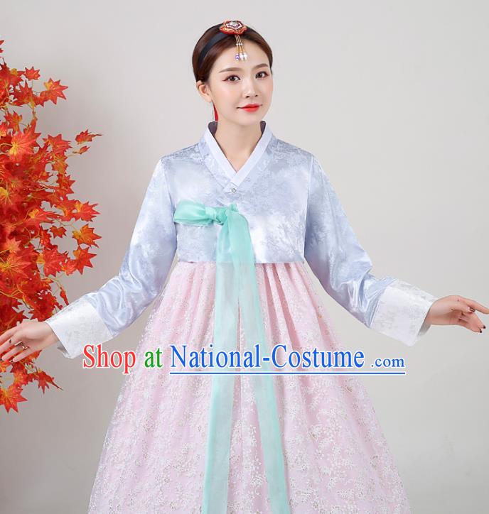 Korean Traditional Wedding Dress Ancient Bride Garment Costumes Court Blue Blouse and Pink Dress Asian Korea Classical Dance Outfits