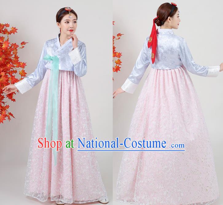 Korean Traditional Wedding Dress Ancient Bride Garment Costumes Court Blue Blouse and Pink Dress Asian Korea Classical Dance Outfits