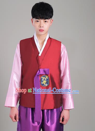 Korean Male Costumes Traditional Wedding Suits Korea Stage Performance Clothing Red Vest Pink Shirt and Purple Pants