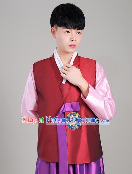 Korean Male Costumes Traditional Wedding Suits Korea Stage Performance Clothing Red Vest Pink Shirt and Purple Pants