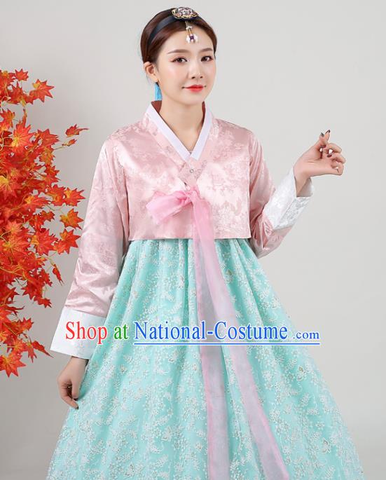 Korean Classical Dance Outfits Traditional Wedding Dress Asian Korea Ancient Bride Garment Costumes Court Pink Blouse and Green Dress