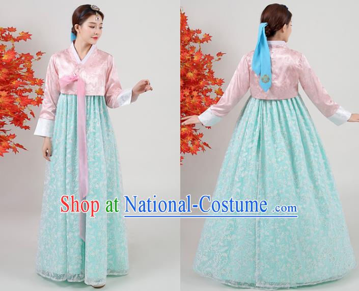 Korean Classical Dance Outfits Traditional Wedding Dress Asian Korea Ancient Bride Garment Costumes Court Pink Blouse and Green Dress