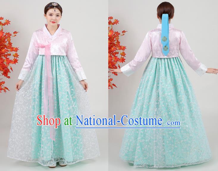 Korean Classical Dance Outfits Traditional Wedding Dress Asian Korea Ancient Bride Garment Costumes Court Pink Blouse and Green Dress