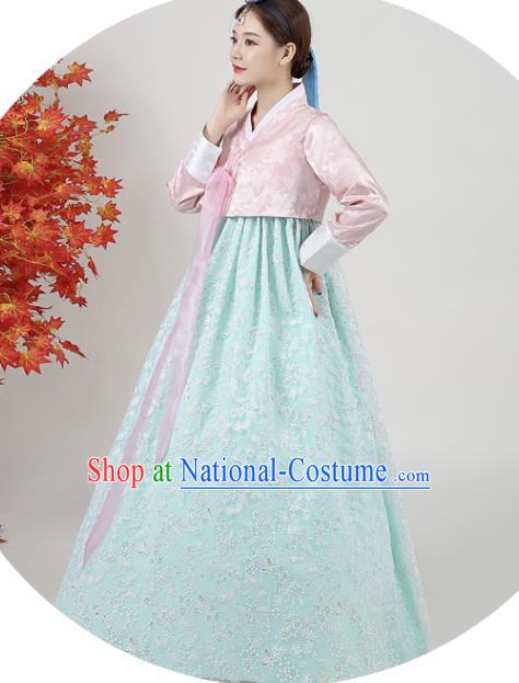 Korean Classical Dance Outfits Traditional Wedding Dress Asian Korea Ancient Bride Garment Costumes Court Pink Blouse and Green Dress