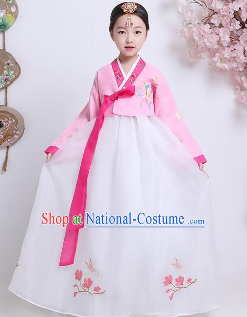 Korea Children Embroidered Pink Blouse and White Dress Asian Traditional Girl Hanbok Clothing Korean Court Princess Garment Costumes